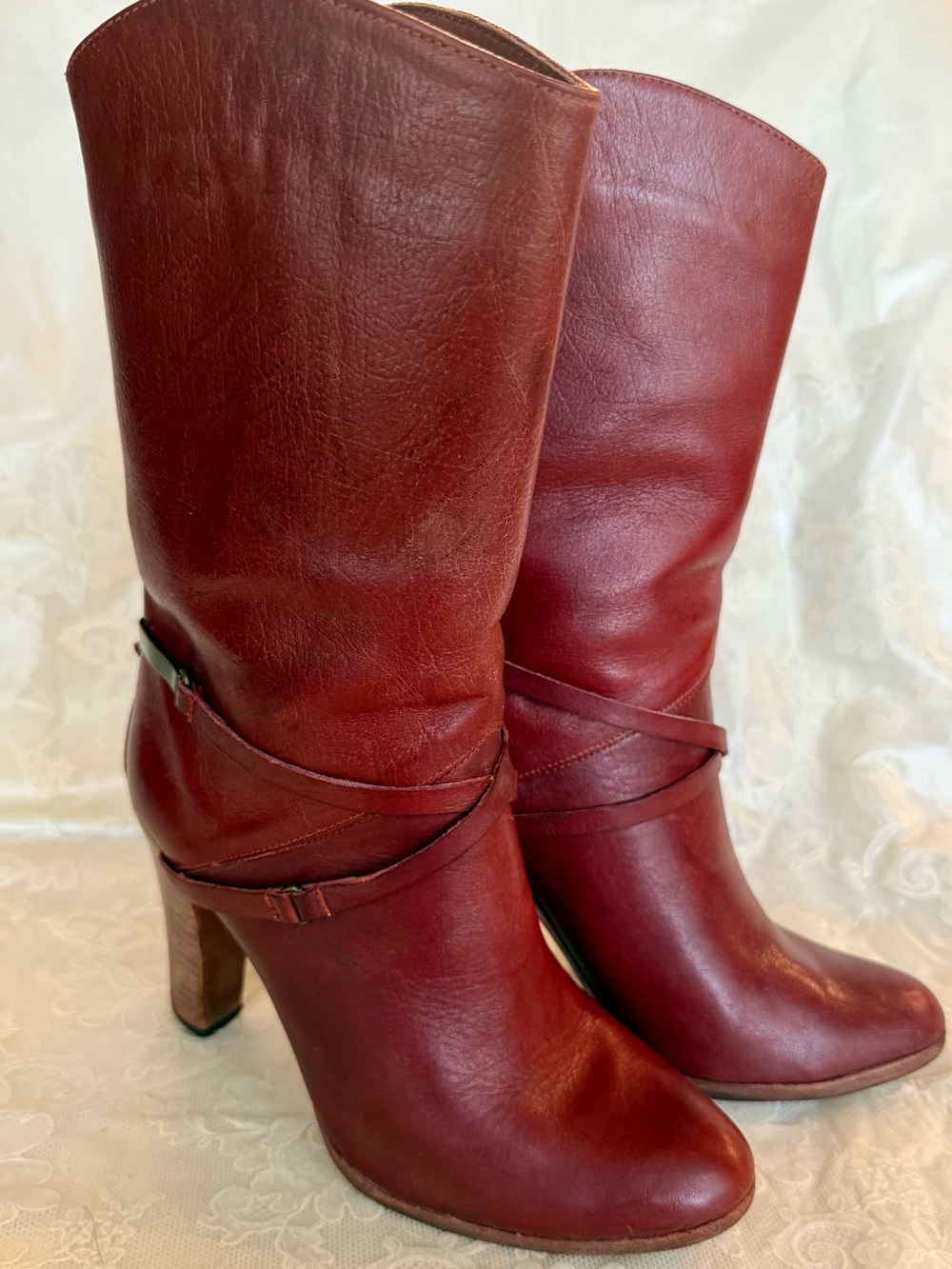 Burgundy High-Heel Leather Ankle Boots